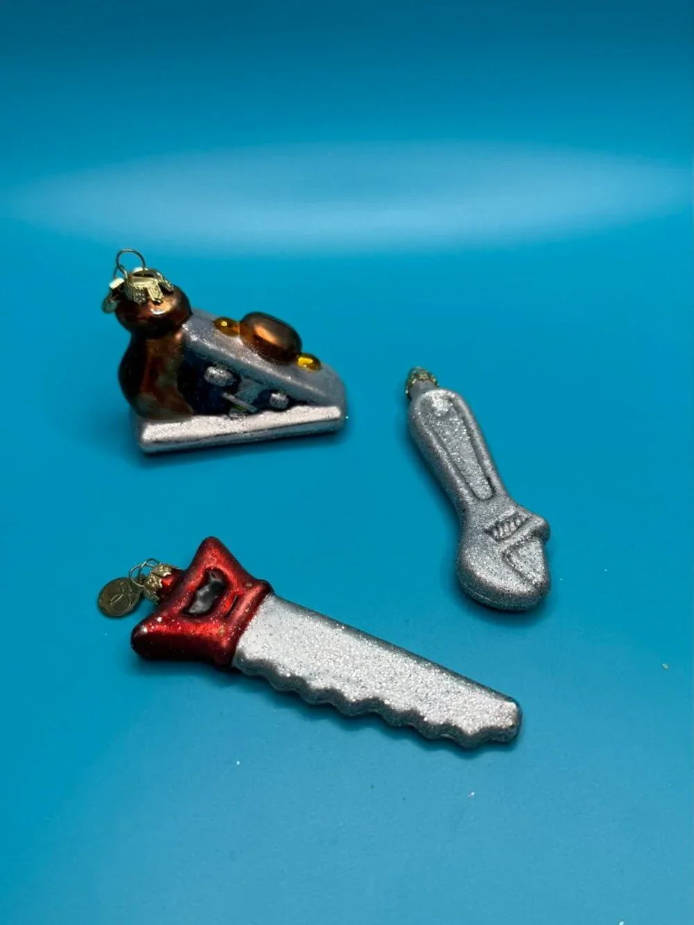 Lot of 3 Dept 56 Christmas Mini Glass Ornaments Hardware Tools Plane Saw Wrench
